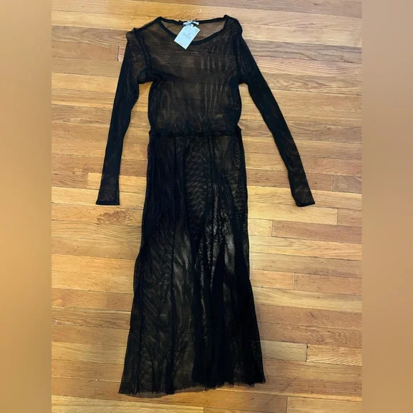 Zara Dresses Zara Mesh Black Long Sleeve Dress L Midi New